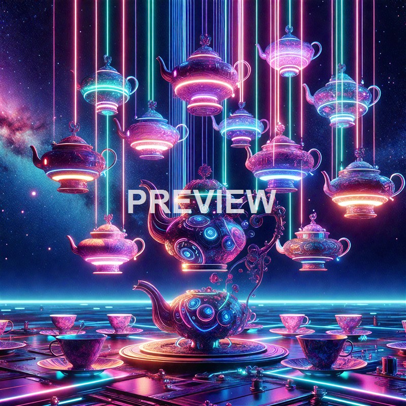 A surreal, neon-lit scene featuring floating teapots and cups suspended in space with glowing lines and a starry background, creating a fantastical and futuristic atmosphere.